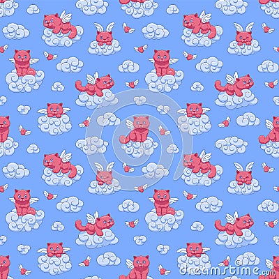 Seamless vector pattern with cute pink winged kittens and hearts on the clouds against the blue sky Vector Illustration